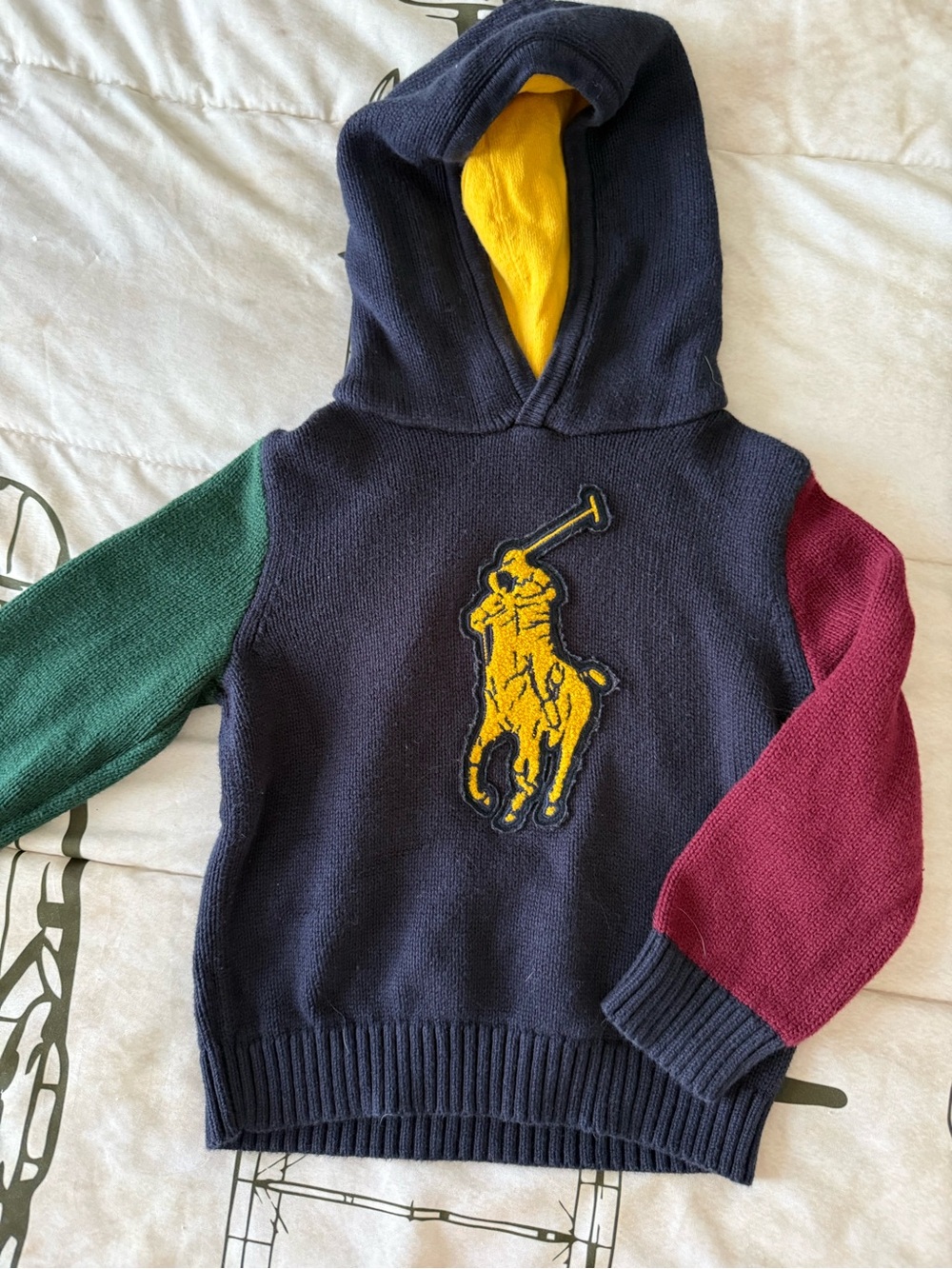 Polo by Ralph Lauren Navy Knit Hoodie with Yellow Logo and Colorblock Sleeves